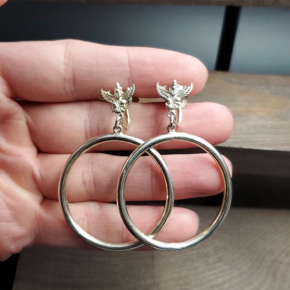 Sterling Silver Feathered God Large Hoop Screw On Earrings - Picture 1 of 6